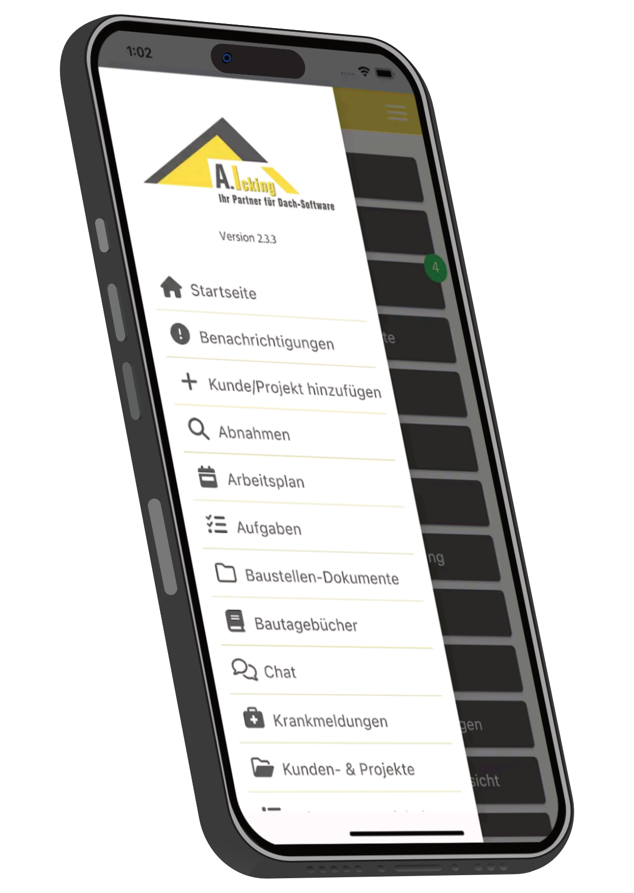 Ein Handy mit der geöffneten Handwerkerapp smartDach ist zu sehen mit dem Logo der A. Icking GmbH