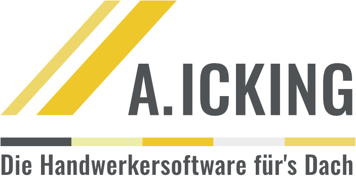 Das Logo der A. Icking GmbH zeigt ein Dach in gelb und unter dem Firmennamen das Farbschema der A. Icking GmbH.