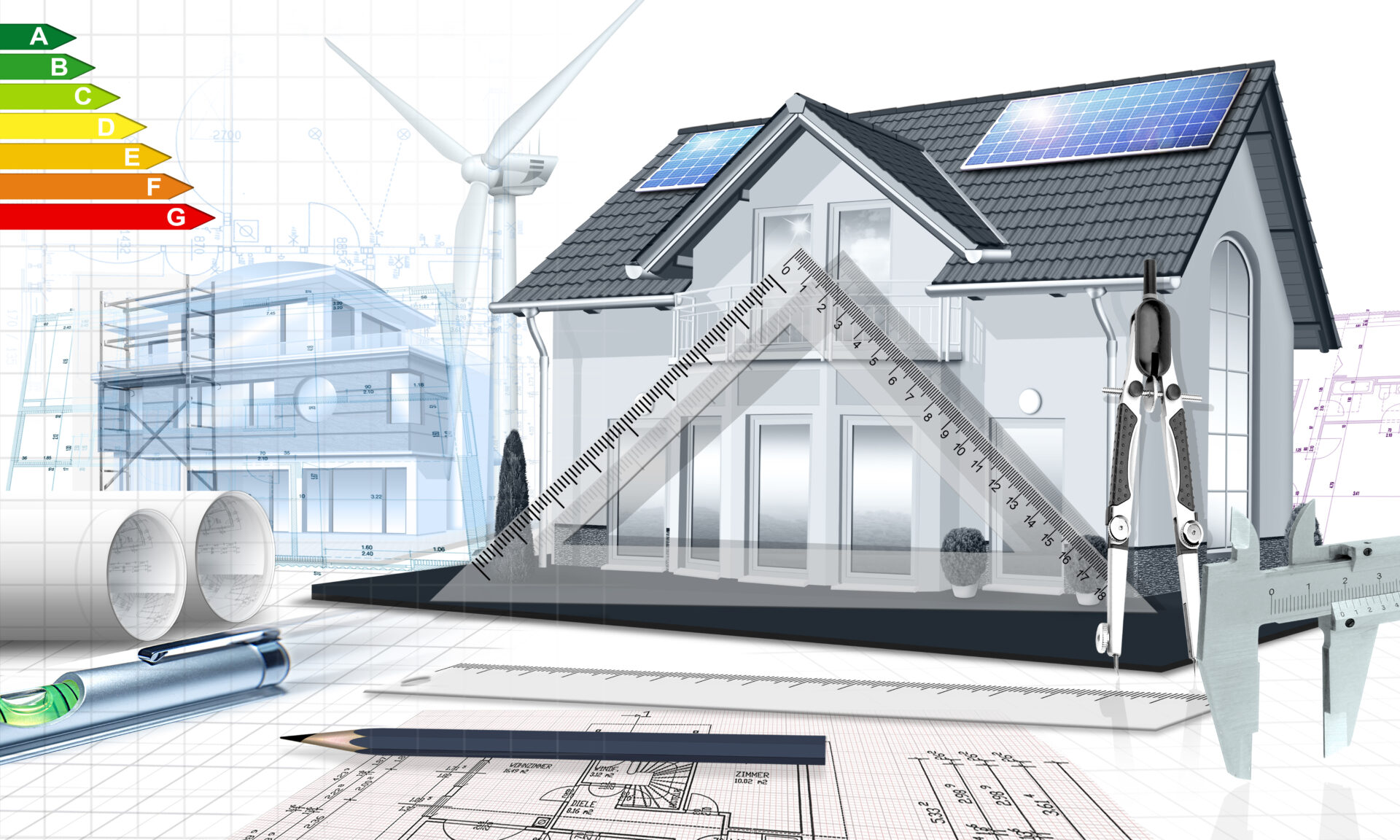 Ein Einfamilienhaus mit Solaranlage wird geplant. Zu sehen sind die Energieklassen A-G und verschiedene Planungstools.
