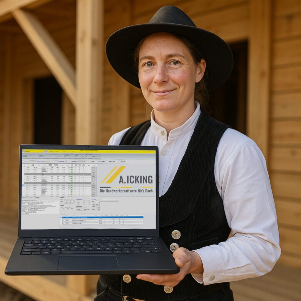 Zimmerin zeigt Leistungsverzeichnis mit Leistungen Dach Software am Laptop