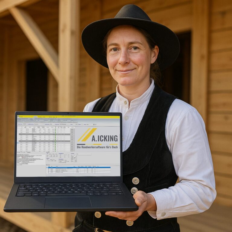 Zimmerin zeigt Leistungsverzeichnis mit Leistungen Dach Software am Laptop