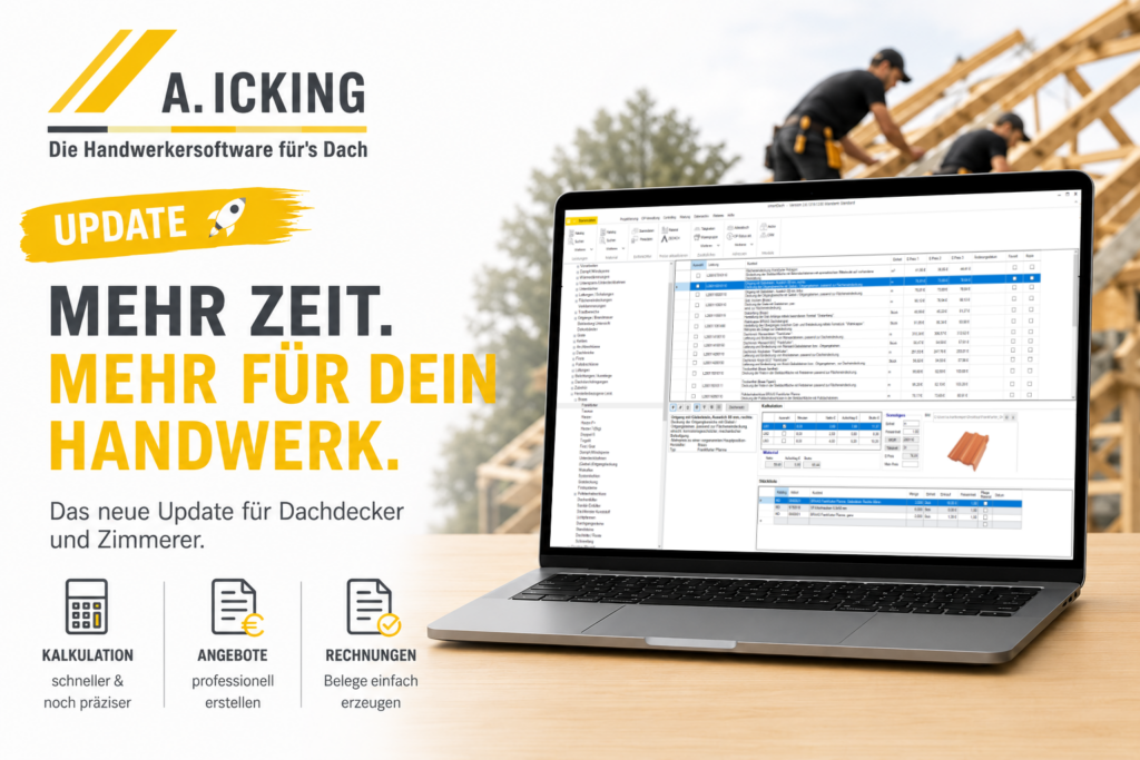 Der Laptop mit dem neuen smartDach-Update stehen im Vordergrund. Zu sehen sind Zimmerer bei der Arbeit, die Ihre Kalkulation mit der smartDach-Software erstellt haben.