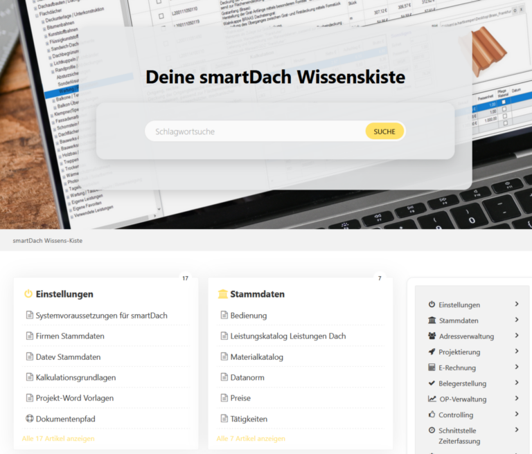Die Schlagwortsuche der smartDach-Wissenkiste ist geöffnet und die verschiedenen Bereiche der Wissenskiste sind einzusehen. Die Wissenskiste ist nur aus smartDach heraus anzusteuern.
