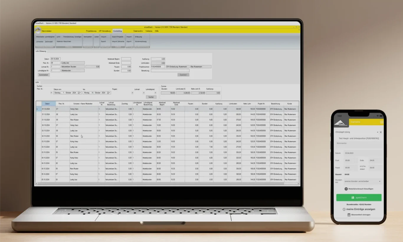 Schnittstelle zwischen smartDach und App smartDach Software auf dem Laptop mit verbundener Handwerker-App