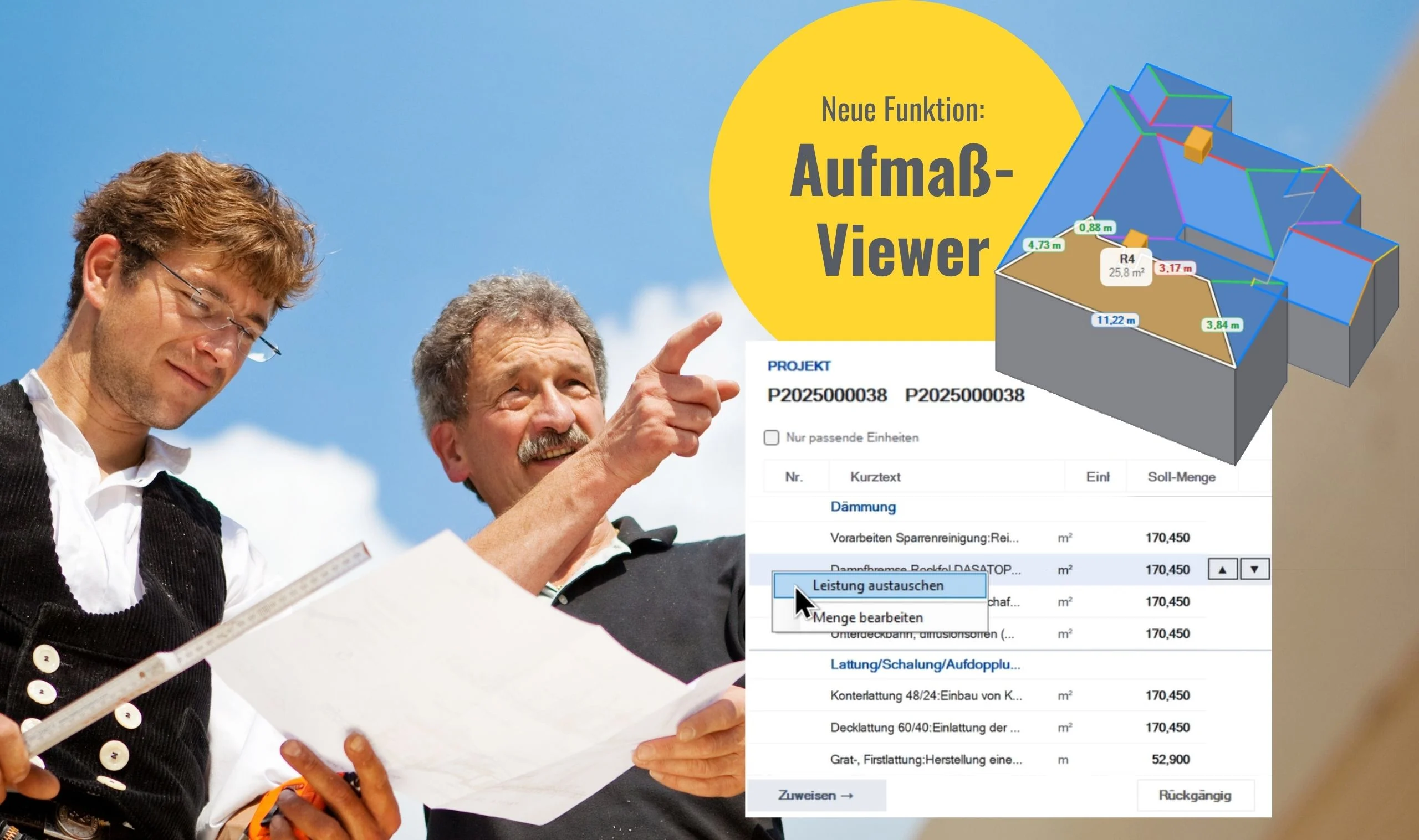 Neue smartDach Funktion: Aufmaß-Viewer Zwei Handwerker prüfen einen Plan mit Zollstock, daneben die neue smartDach Funktion Aufmaß-Viewer mit 3D-Dachmodell und Positionsliste