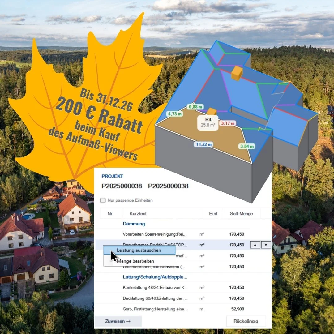 3D-Dachmodell und Kalkulationsansicht des Aufmaß-Viewers 3D-Dachmodell und Kalkulationsansicht des Aufmaß-Viewers in smartDach. Aktion: Bis zum 31.12.2026 200 € Rabatt auf den Aufmaß-Viewer